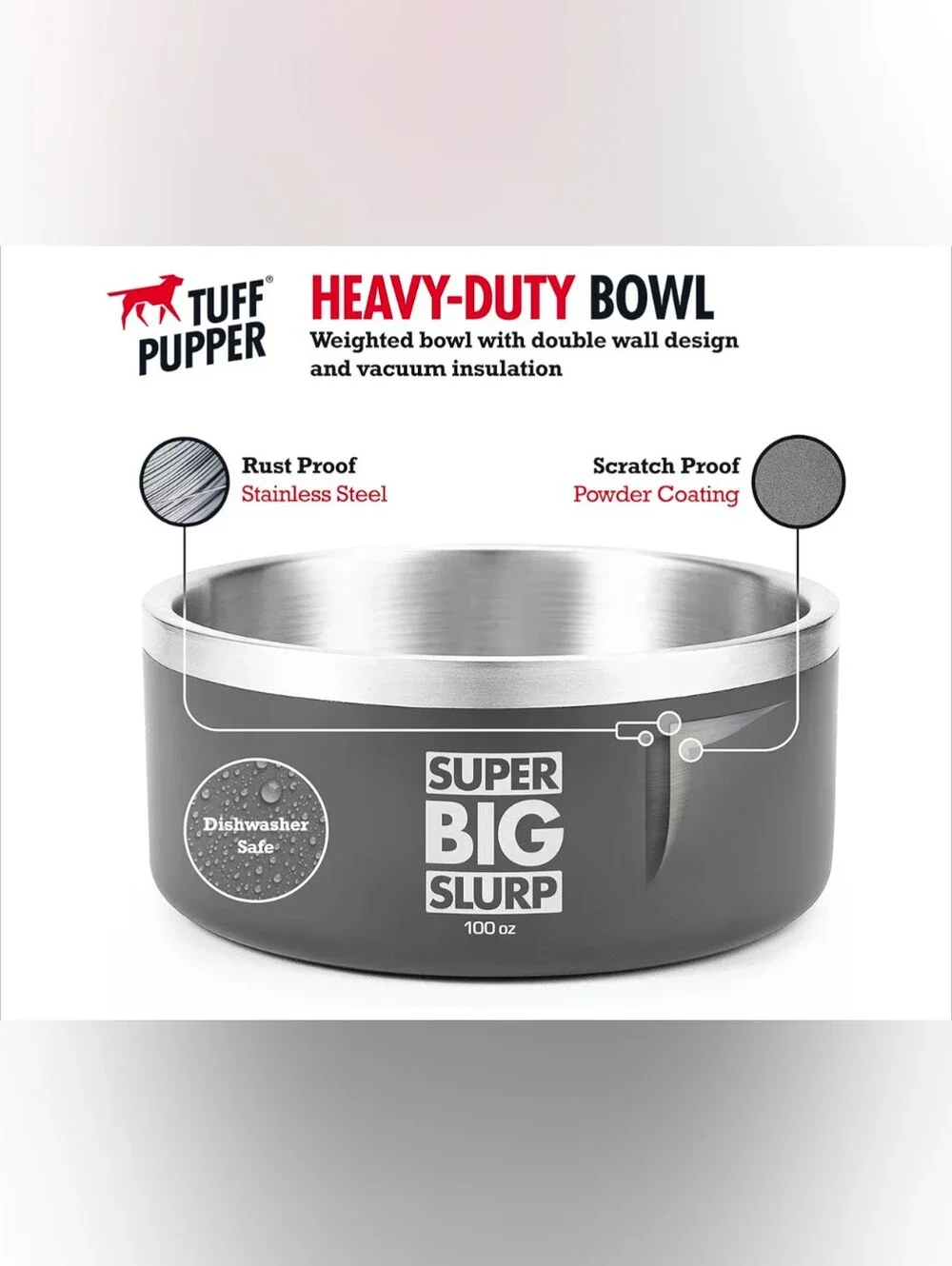 Tuff Pupper 100 oz Heavy Duty Insulated Stainless Steel Dog Bowl